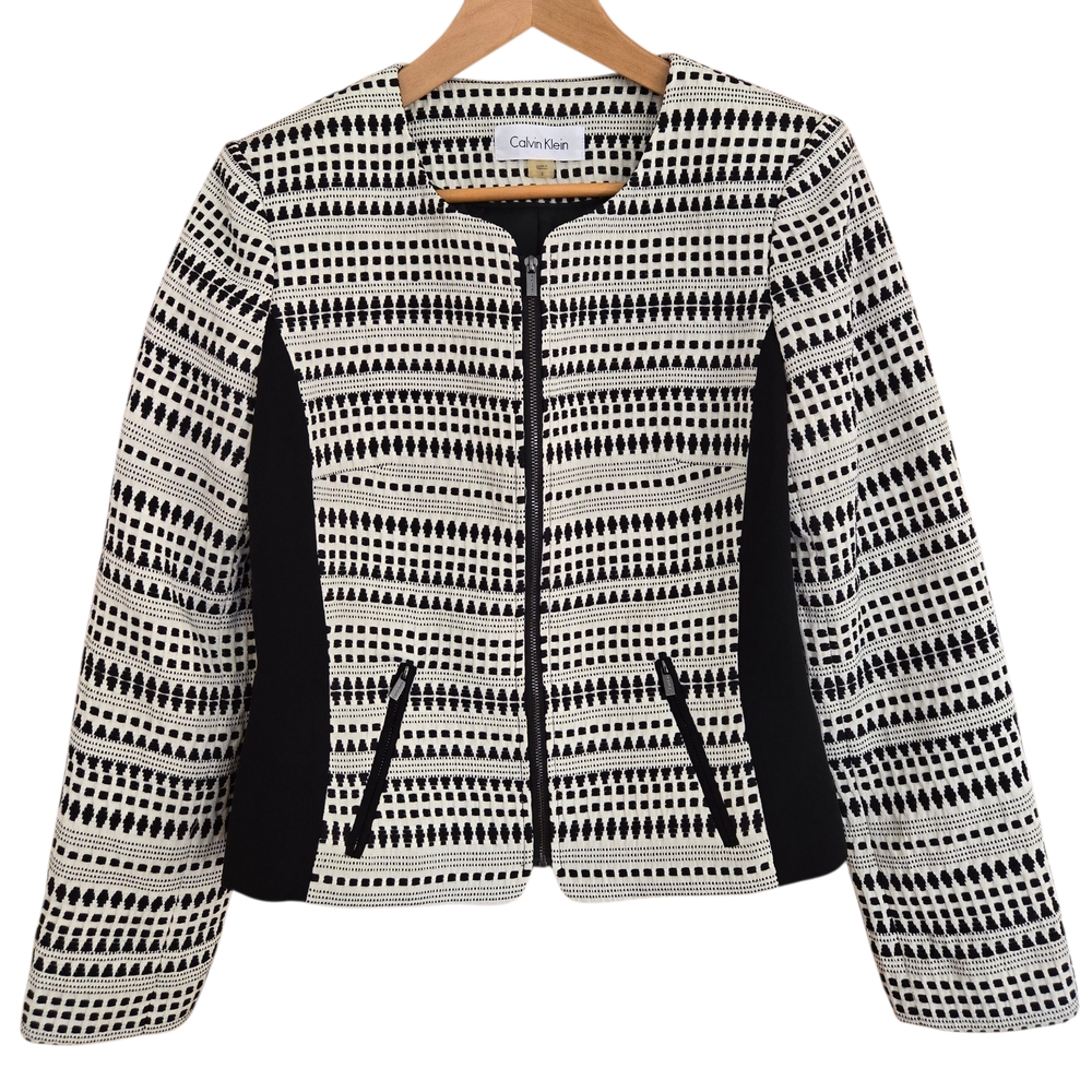 Calvin Klein Blazer Jacket Womens Size 8 Swiss Dot White Black Full Zip